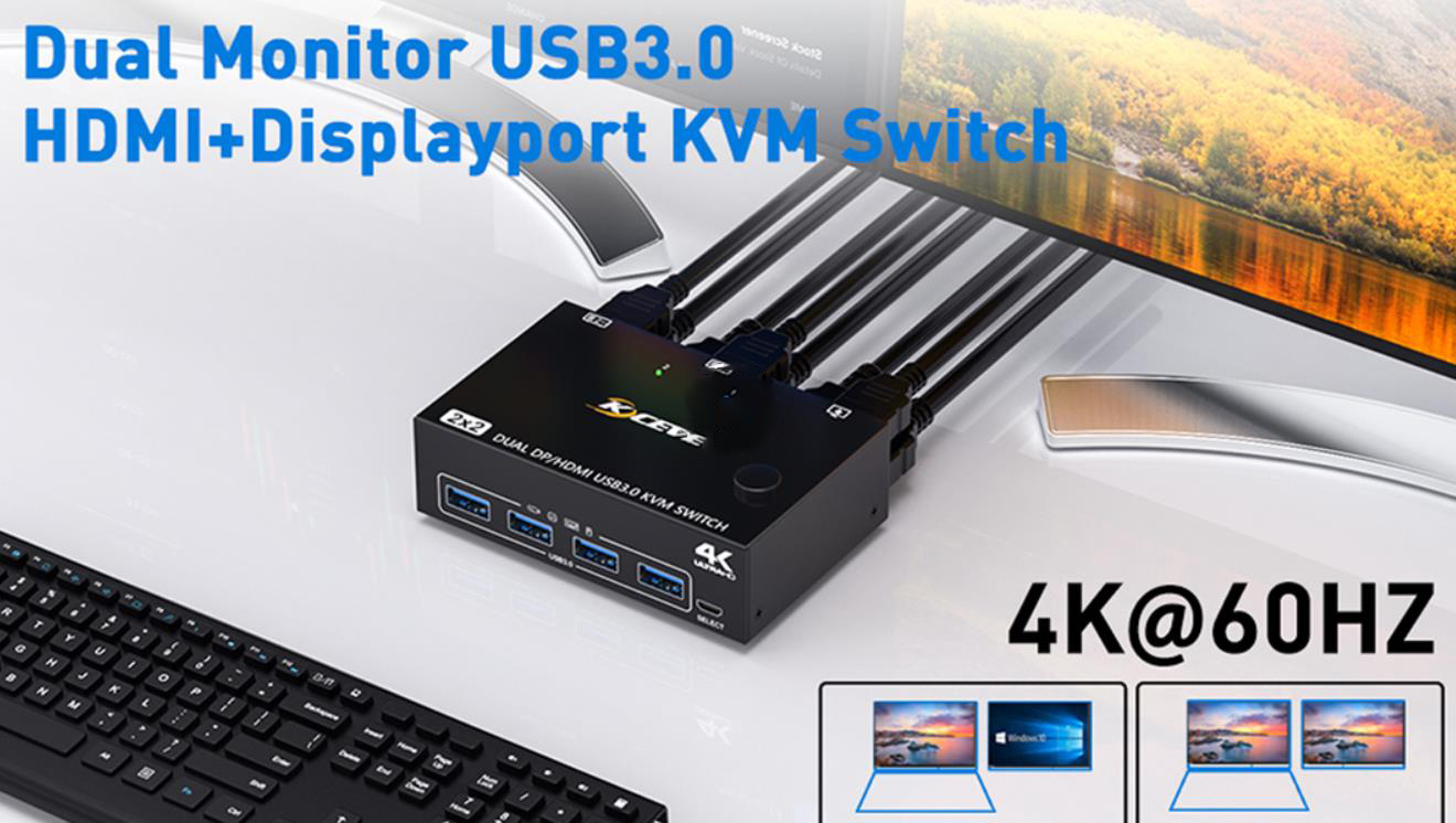 Dual Monitors USB3.0 HDMI+Displayport KVM Switch