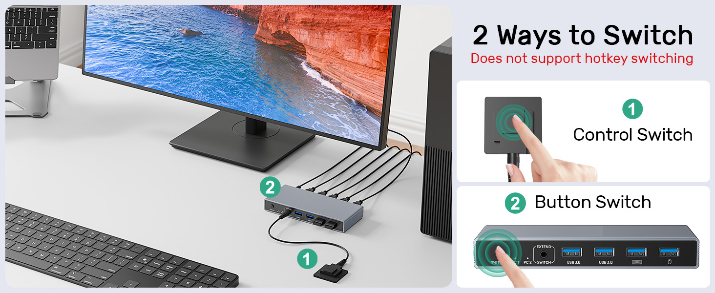 Displayport KVM Switch 2 Computers 1 Monitor, 8K@60Hz 4K@144Hz USB 3.0 DP KVM Switches for 2 Compute