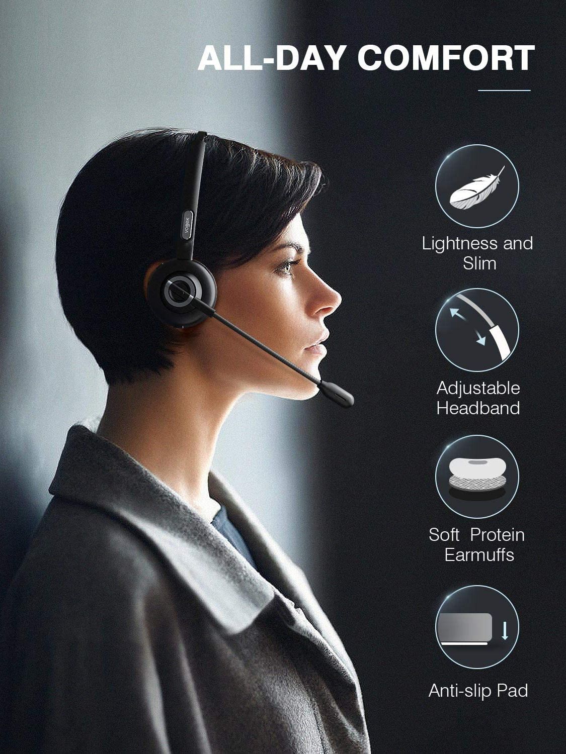 Trucker Bluetooth Headset,Wireless Cell Phone Headset with Noise Canceling Mic for call center