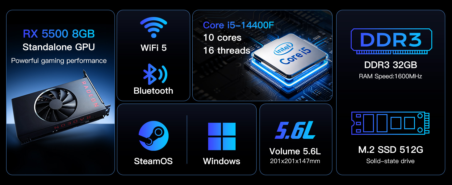 PreBuilt SFF Gaming Mini PC 5.6L Compact Desktop Intel Core i514400F RX 5500 8GB GPU 16GB DDR4 RAM