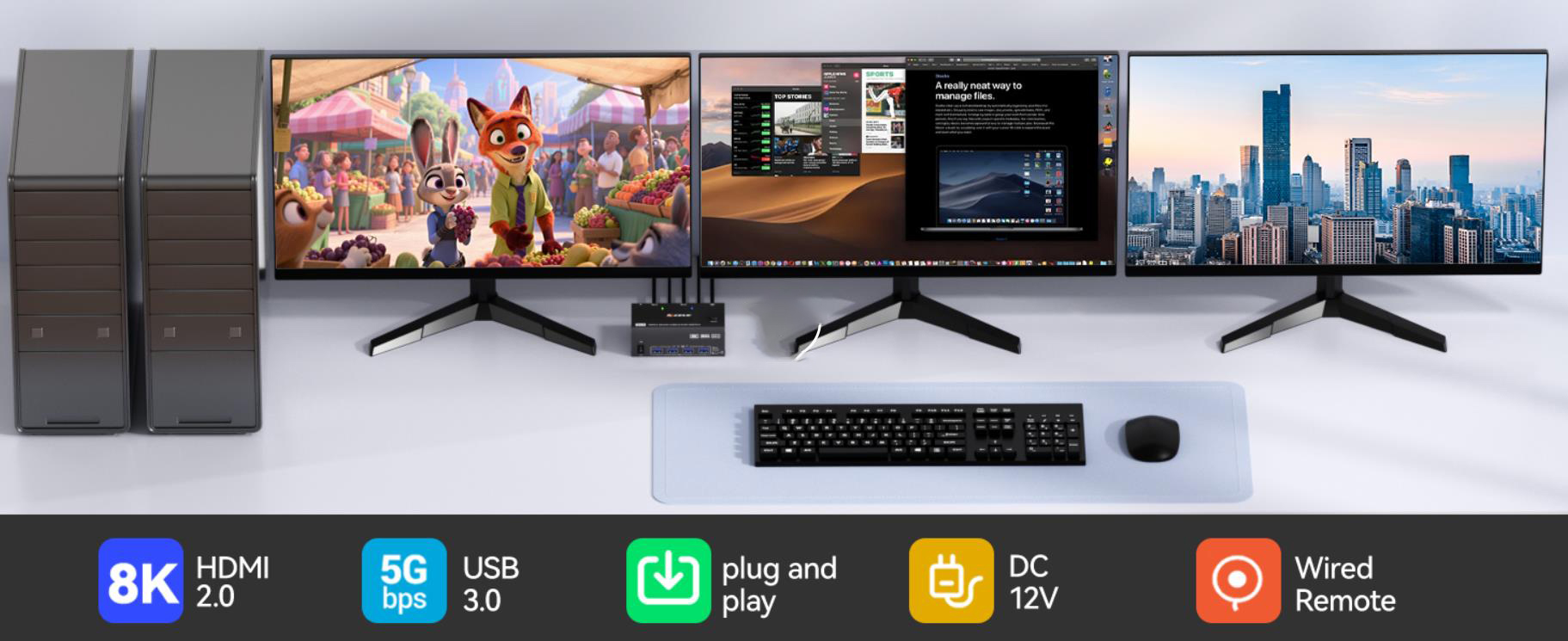 KVM Switch 3 Monitors 2 Computers 8K@60Hz, HDMI + 2 Displayport KVM Switch Triple Monitor for 2 Comp
