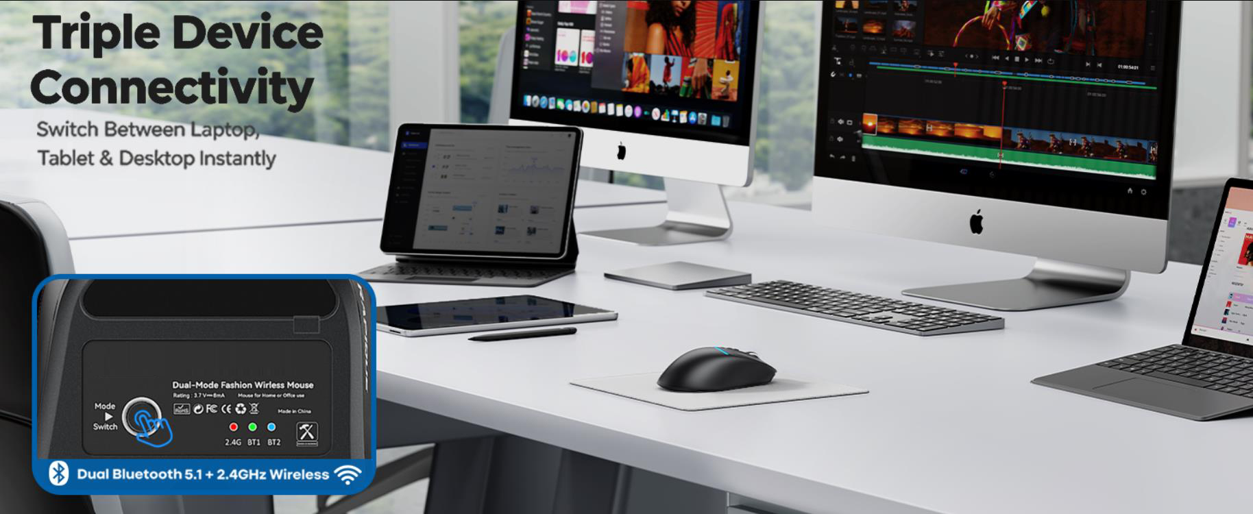 Bluetooth Wireless Mouse Dual Bluetooth & 2.4GHz USB Receiver, 4 DPI Levels