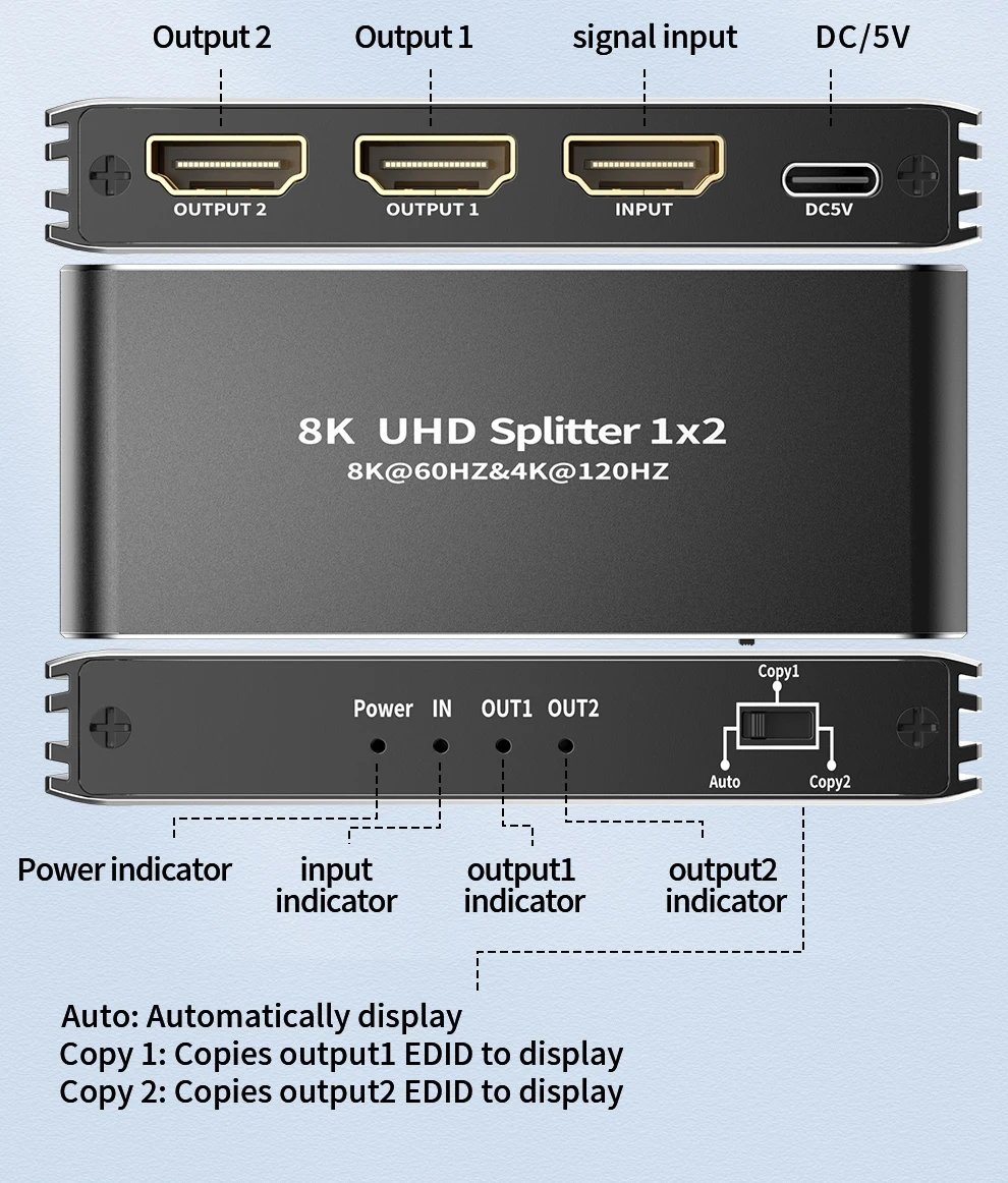 8K HDMI splitter 1 in 2 out