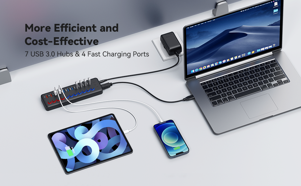 7-Port USB 3.0 Hub + 4 Smart Charging Port (Smart-Charging technology)