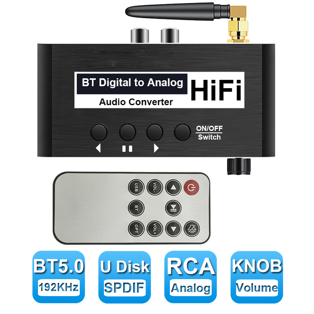 Digital to Analog Audio Converter with Remote, 192KHz DAC Converter with  Volume Control&Bass Adjustment, DAC Box with USB(PC)/Coaxial/Spdif Input  and