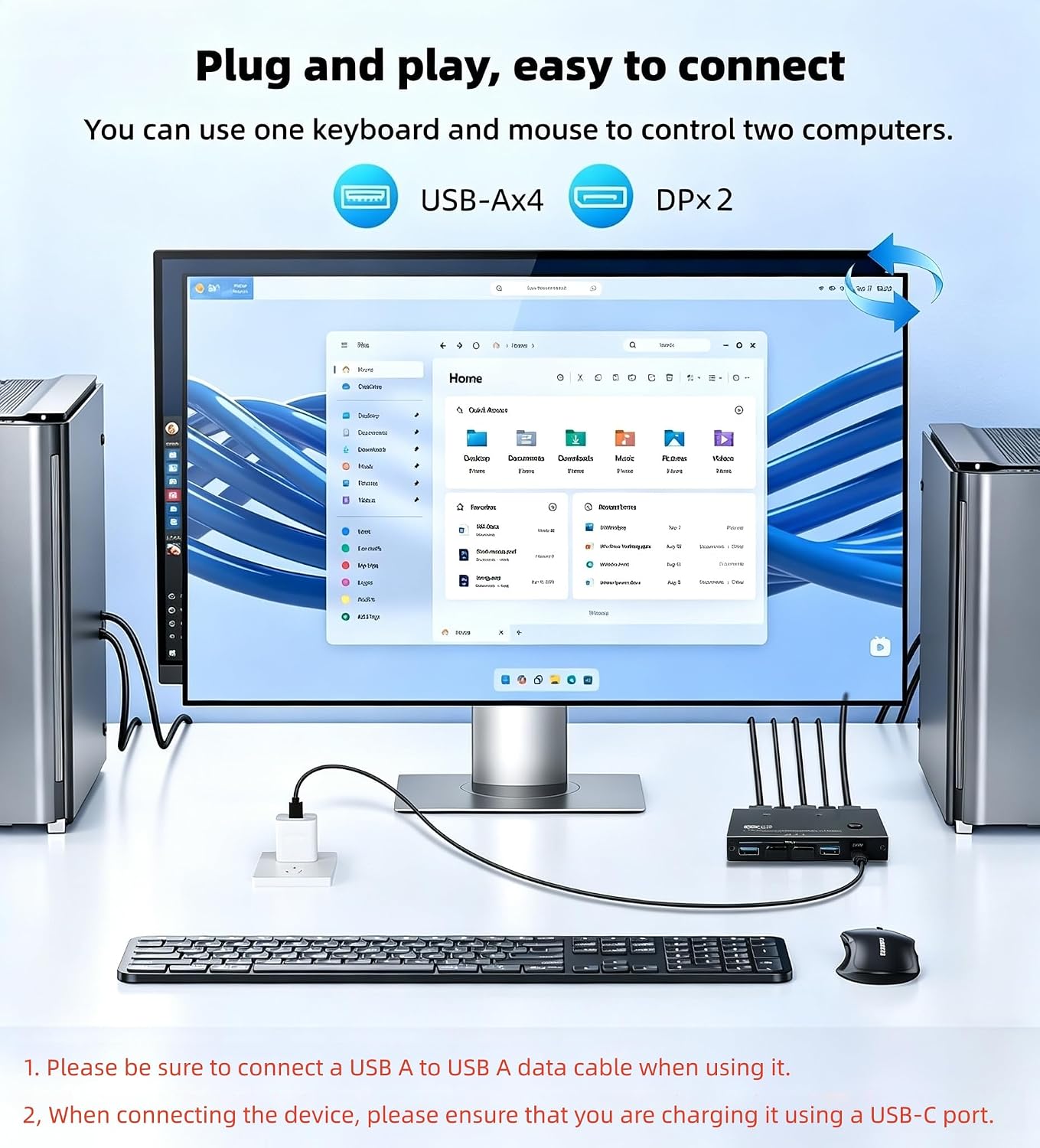 4K@60Hz Displayport KVM Switch 2 PC 1 Monitor with 2 USB Cables | KVM Switcher Support 4K@60Hz, 4 Po