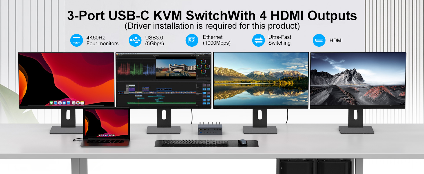 USB C KVM Switch KVM Docking Station 3 Computers 4 Monitors for M1 M2 M3 M4 with Displaylink Technol