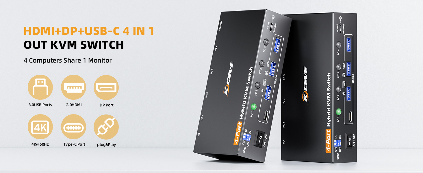 USB C KVM Switch control 4 computers with 1 monitors via DP+HDMI+USB-C matrix