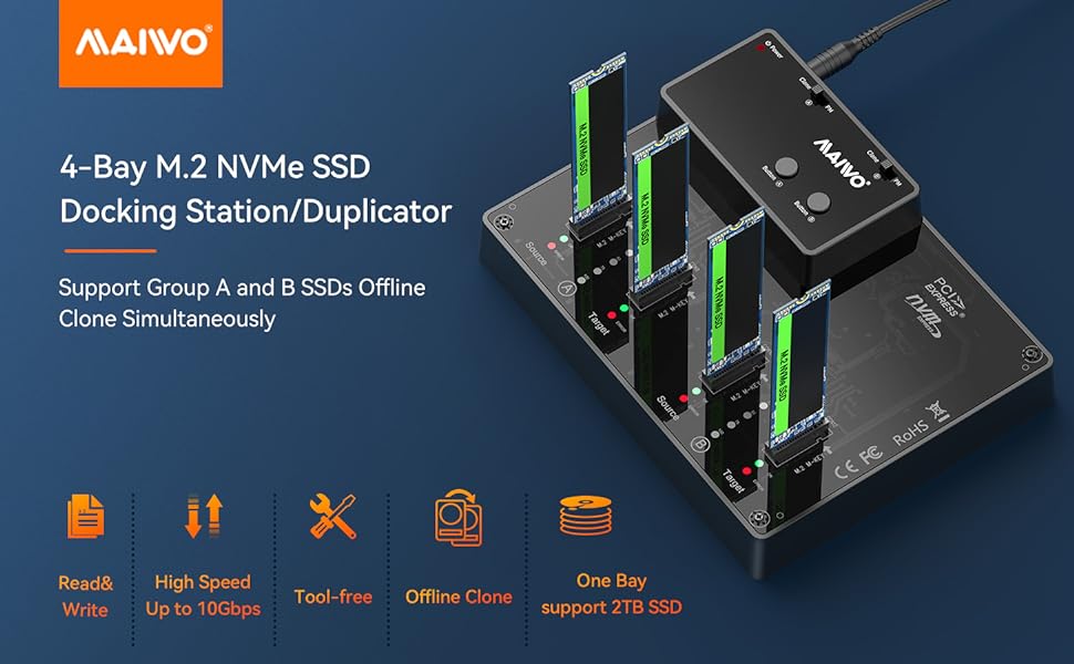 4 Bay M.2 NVMe Solid State Drive to USB3.1 Gen2 (Type-C) Docking Station with Offline Clone Function