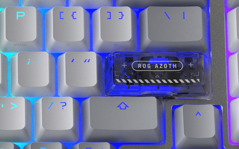 Close-up of the translucent ROG-themed Enter keycap detail