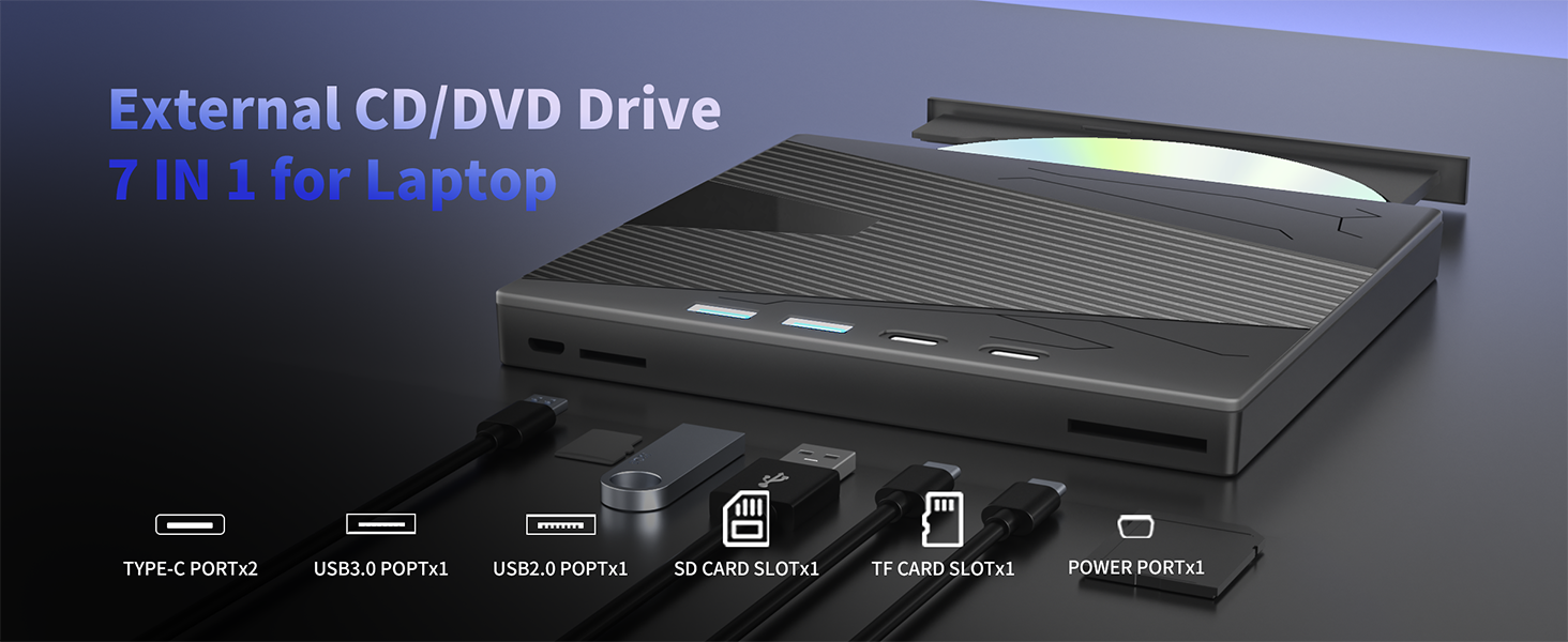 External CD/DVD Drive for Laptop, 7-in-1 DVD Player for Laptop USB 3.0 & Type-C Portable CD DVD Burn