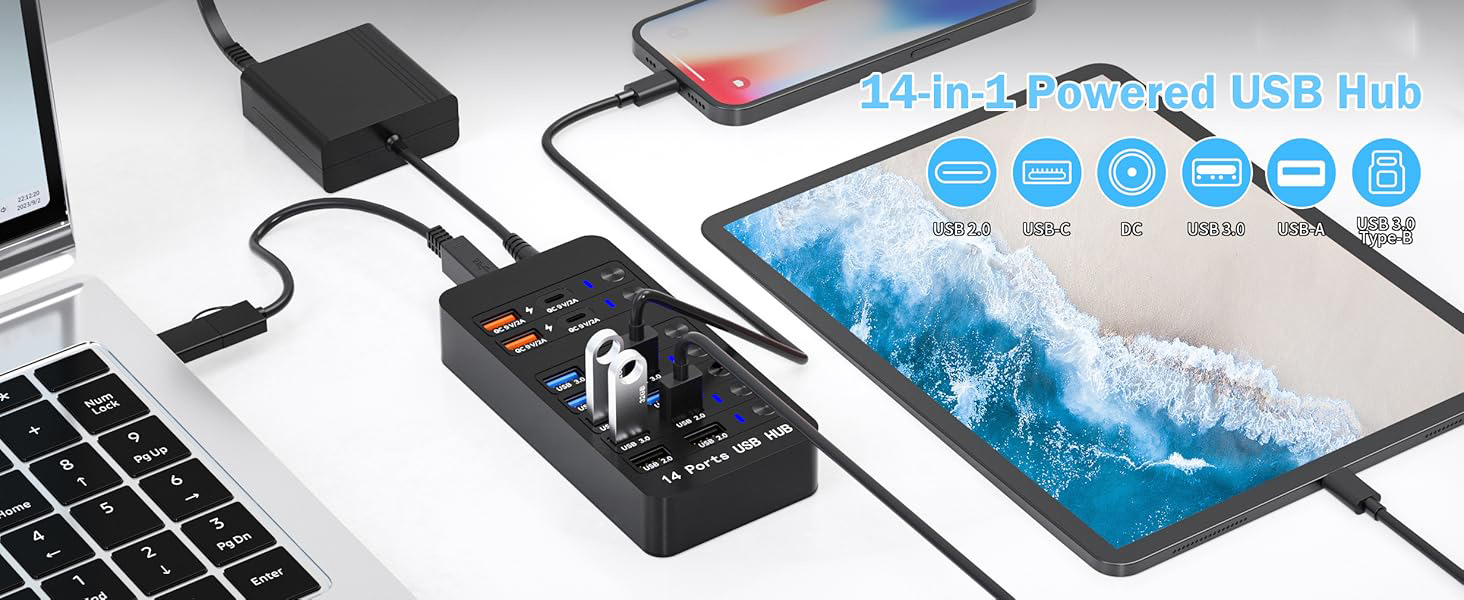 Powered USB 3.0 Hub, 14 Ports USB Splitter Hub (10 Faster Data Transfer Ports + 4 Smart USB Charging