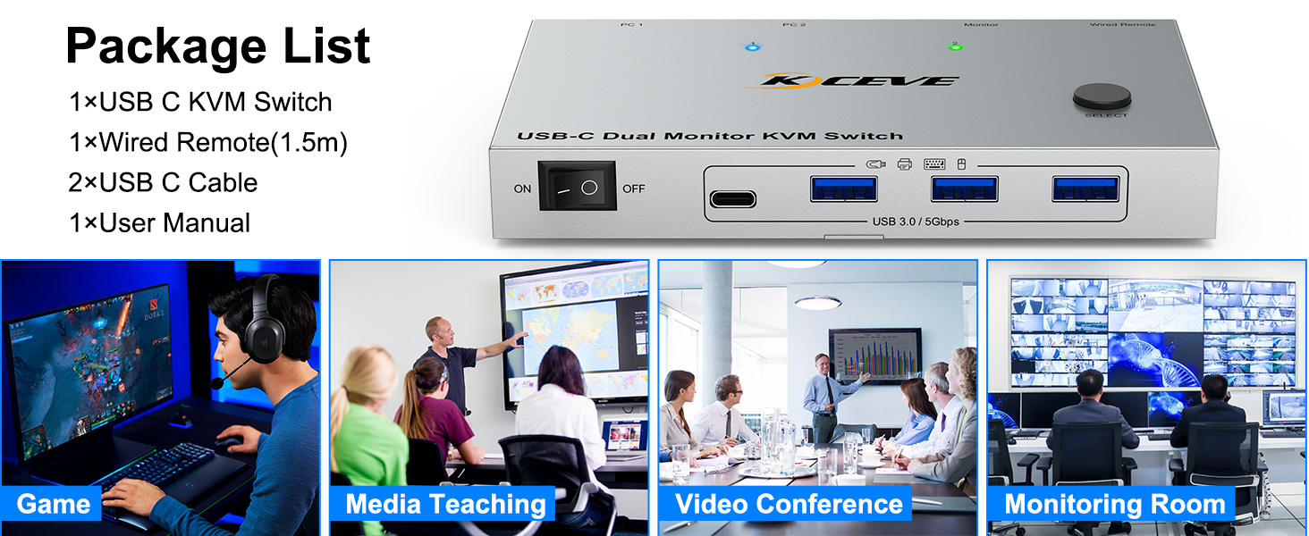 PACKAGE : 1xUSB C KVM Switch,1xWired Remote(1.5m),2xUSB C Cable,1xUser Manual.