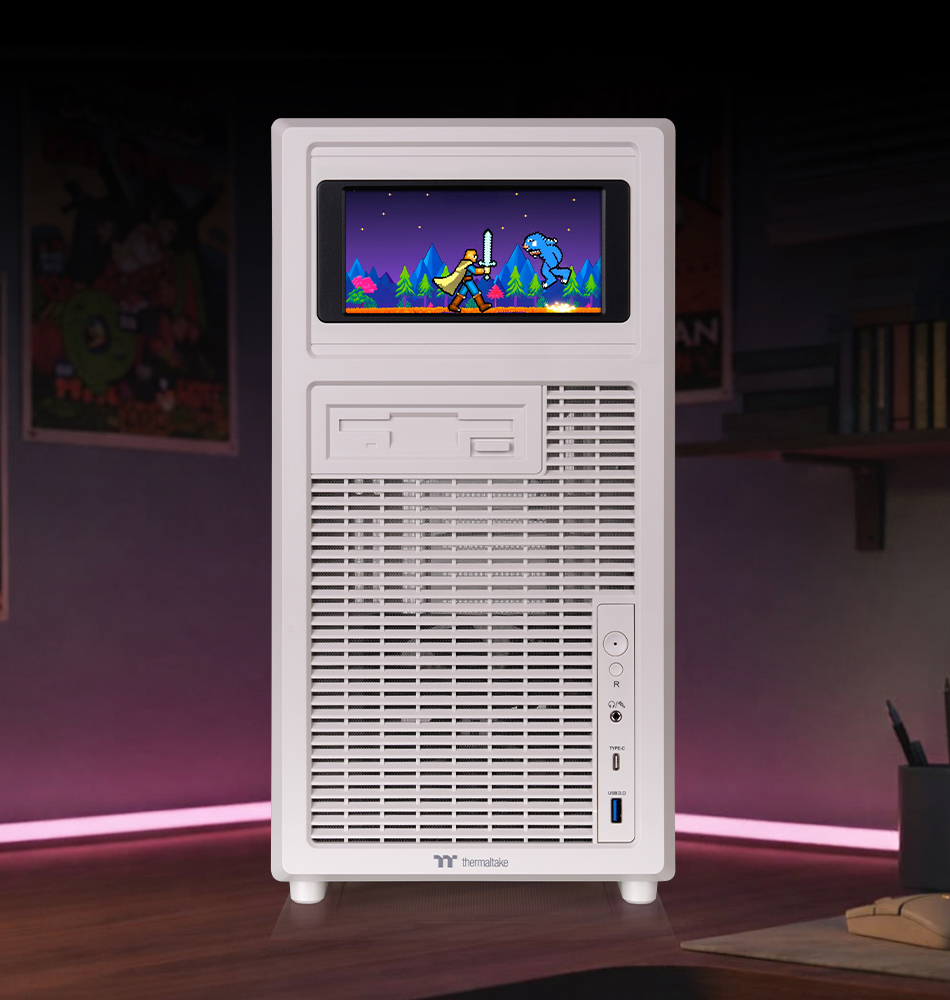 Thermaltake Retro 260 case with optional 6 inch LCD screen kit installed on front panel showing real-time system information