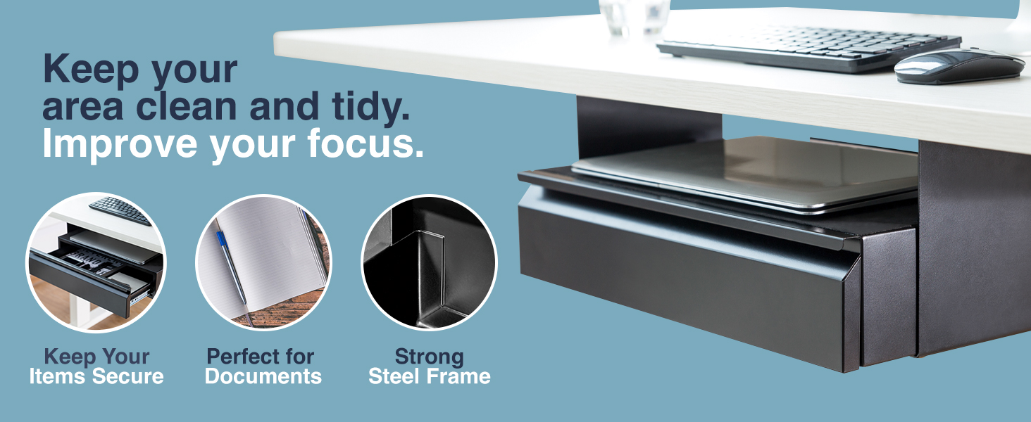 under-desk slide-out drawer, hidden desk storage, steel stationery organizer
