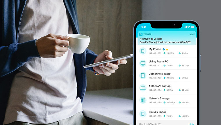 TP-Link Tether app network security notification showing new device connection alert