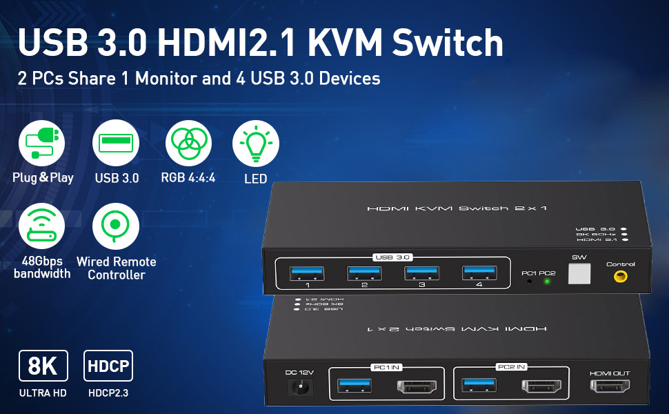 8K USB 3.0 KVM Switch HDMI 2 Port