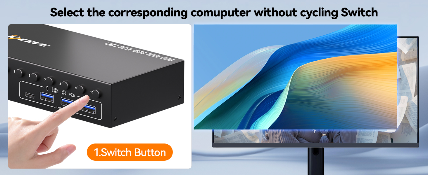 This 10 ports HDMI KVM switch supports three switching modes: 1.Wired remote (length: 1.5m, with dig