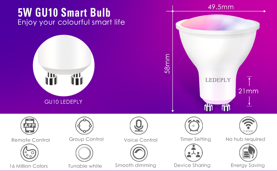 GU10 Smart Bulb, 5W=50W, Compatible with Alexa, Google Home, SmartThings,  WiFi LED Spot Light, Tunable White 2700K-6500K,Track Light Bulb, No Hub  Required, 1 Pack 