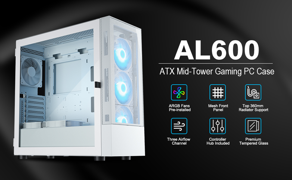 Vetroo AL600 White Mid-Tower ATX PC Case, 3x 120mm ARGB Fans, 3x