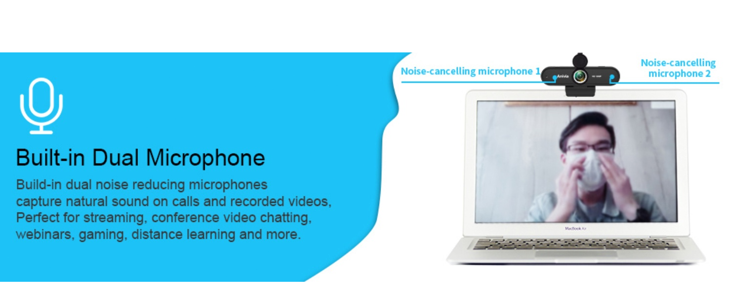 Anivia webcam,built-in dual noise cancelling microphones,clear audio for call & stream