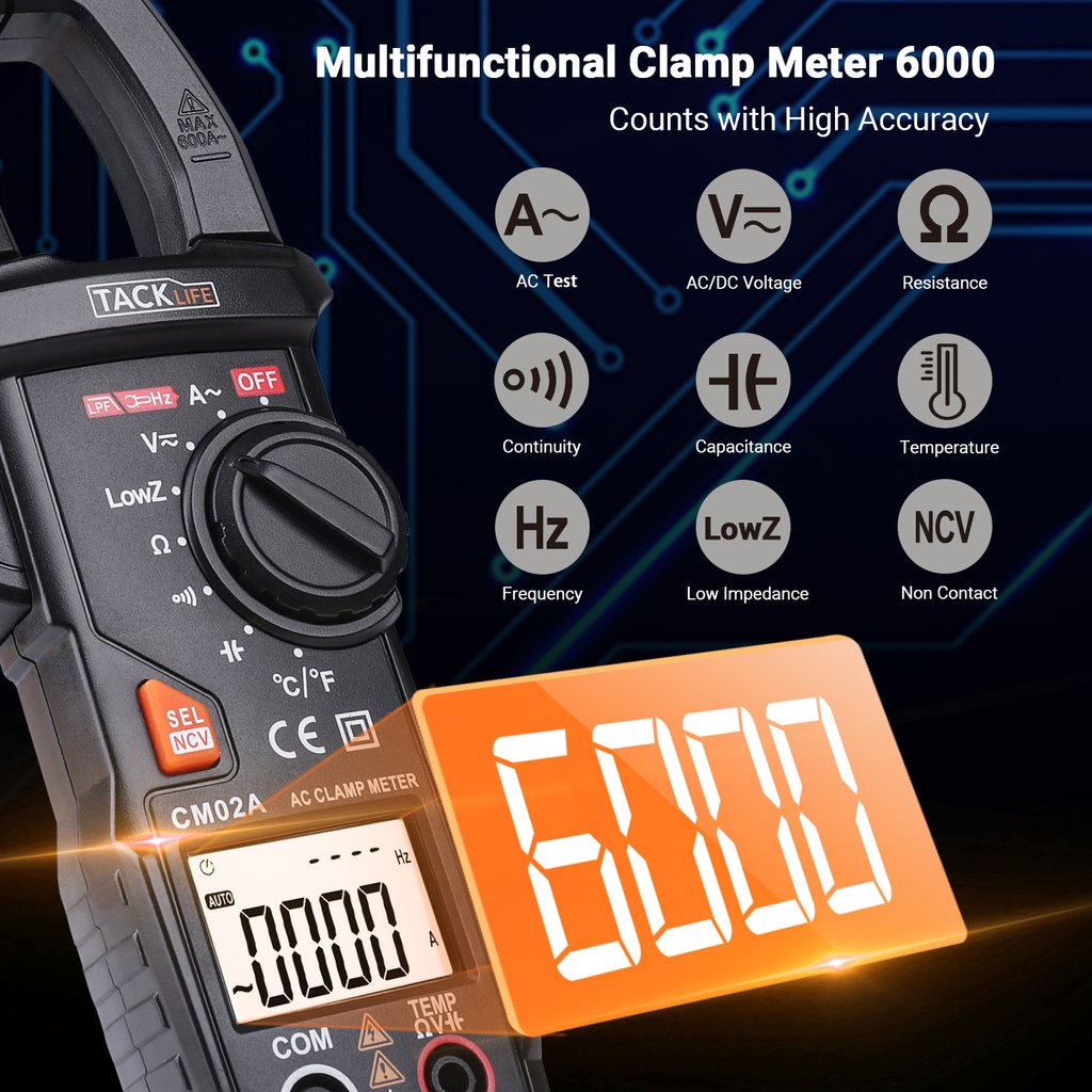 Tacklife CM02A 600 Amp TRMS 6000 Counts NCV with AC Current AC/DC Voltage Test Temperature Measure Auto-Ranging Multimeter Digital Clamp Meter 