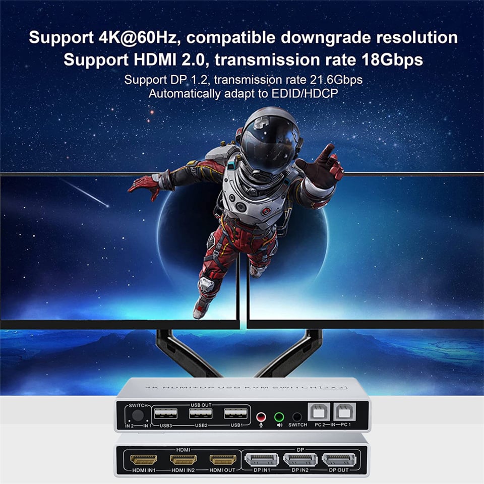 4K@60Hz HDMI DisplayPort KVM Switch The 2x2 HDMI DisplayPort KVM switch has a resolution of up to 38