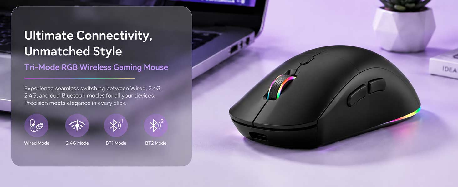 Wireless Gaming Mouse, RGB Bluetooth/2.4G/Wired, 4800 DPI -Black | Dual Bluetooth, 2.4G & wired Tri-