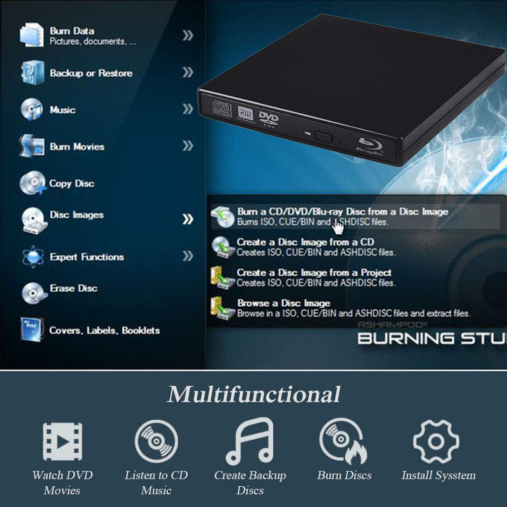 Lecteur Blu-ray Dvd externe 3D Player Usb 3.0 Blu-ray Cd Lecteur DVD pour  Windows XP / 7/8/10 Bla
