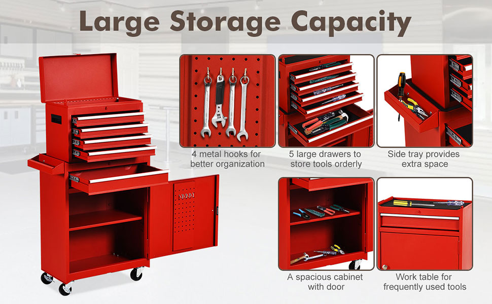 Costway 2 in 1 Rolling Cabinet Storage Chest Box Garage Toolbox