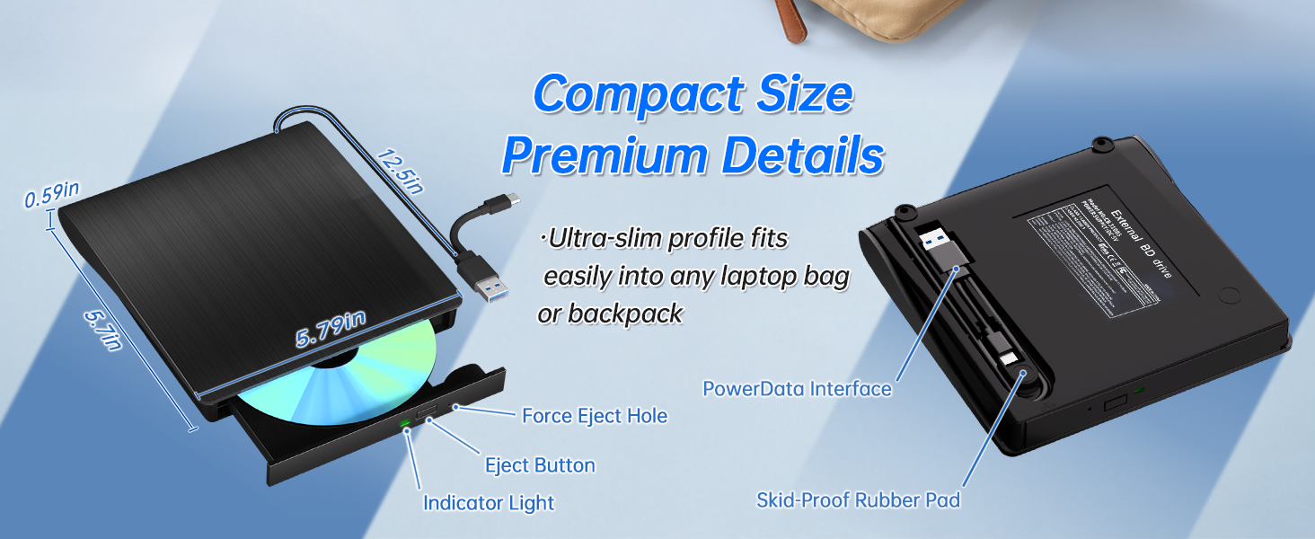 External Blu Ray Drive, USB 3.0 & Type C External CD/DVD Drive, External Blueray/DVD Drive for PC