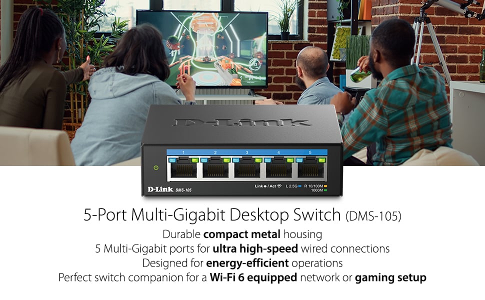 D-Link Link 5 Port Multi-Gigabit 2.5Gb compact metal high speed unmanaged desktop gaming switch
