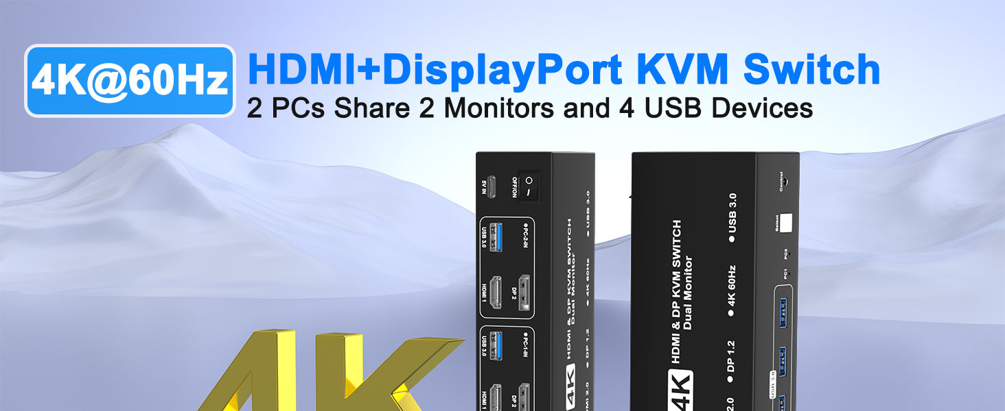 HDMI DisplayPort KVM Switch 2 Monitors 2 Computers, 4K@60Hz HDMI + Displayport Dual Monitor KVM Swit