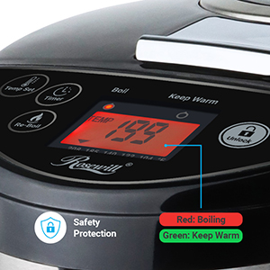 water boiler, warmer, pot, dispenser, timer, temperature, control, safety lock,  stainless steel