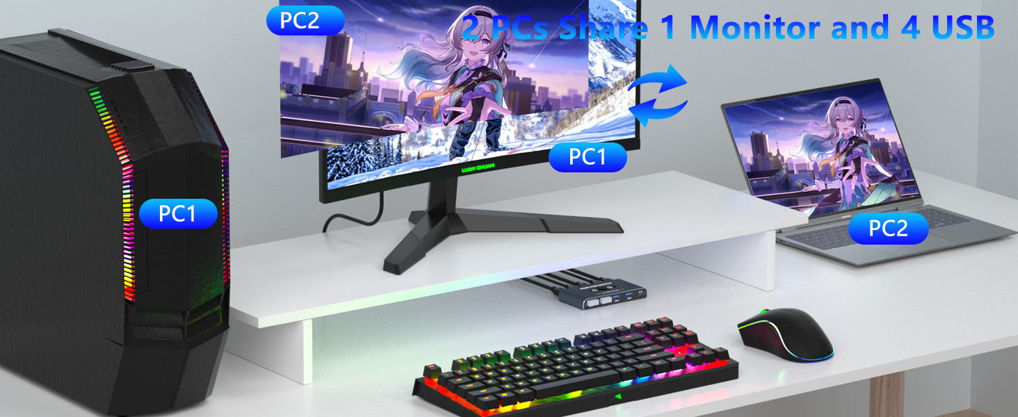 The KVM Switch usb comes with 4 USB 3.0 ports with transfer rates up to 5Gbps for connecting periphe