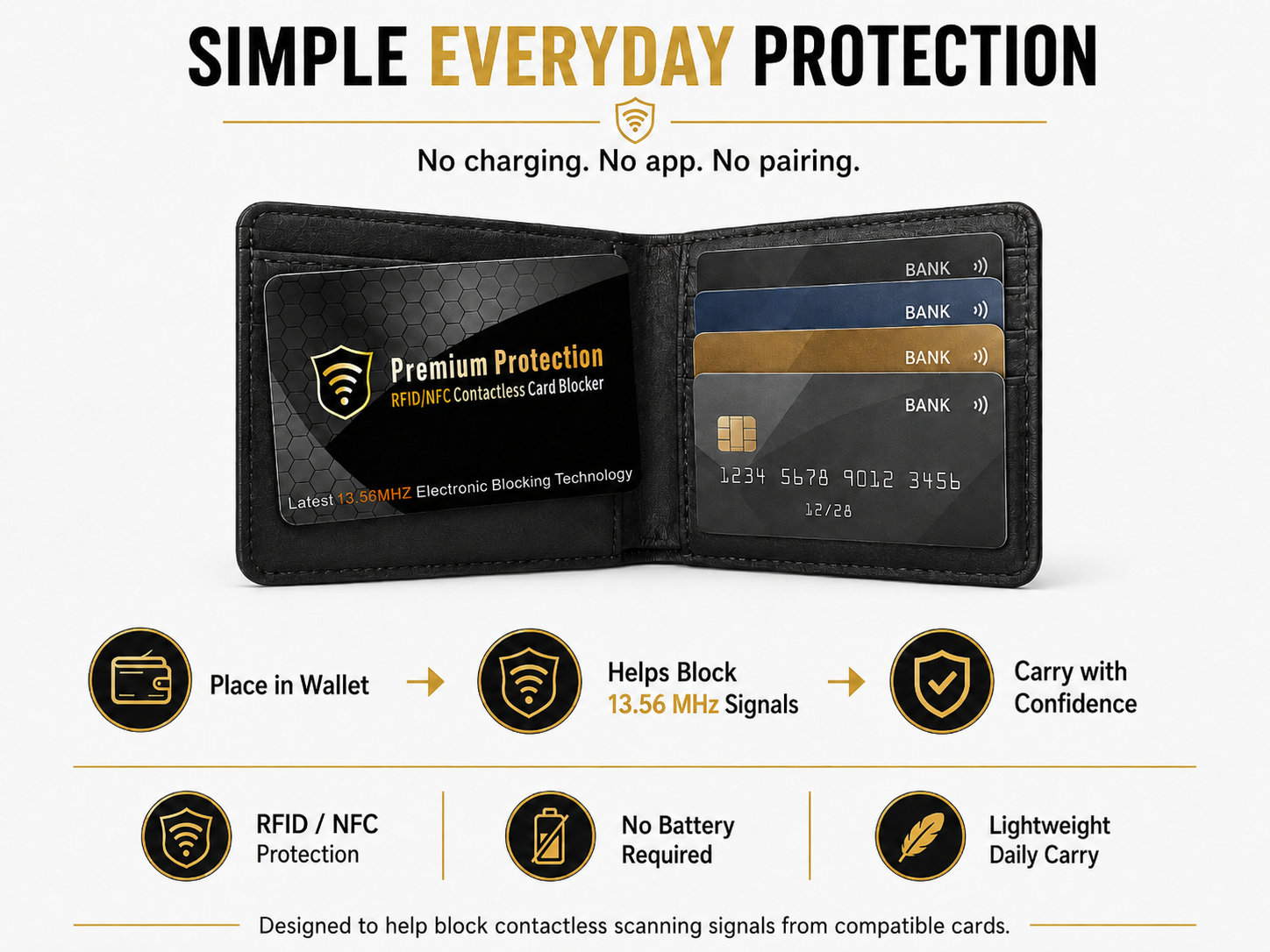 RFID wallet protection, no battery RFID blocker, passive RFID blocking card