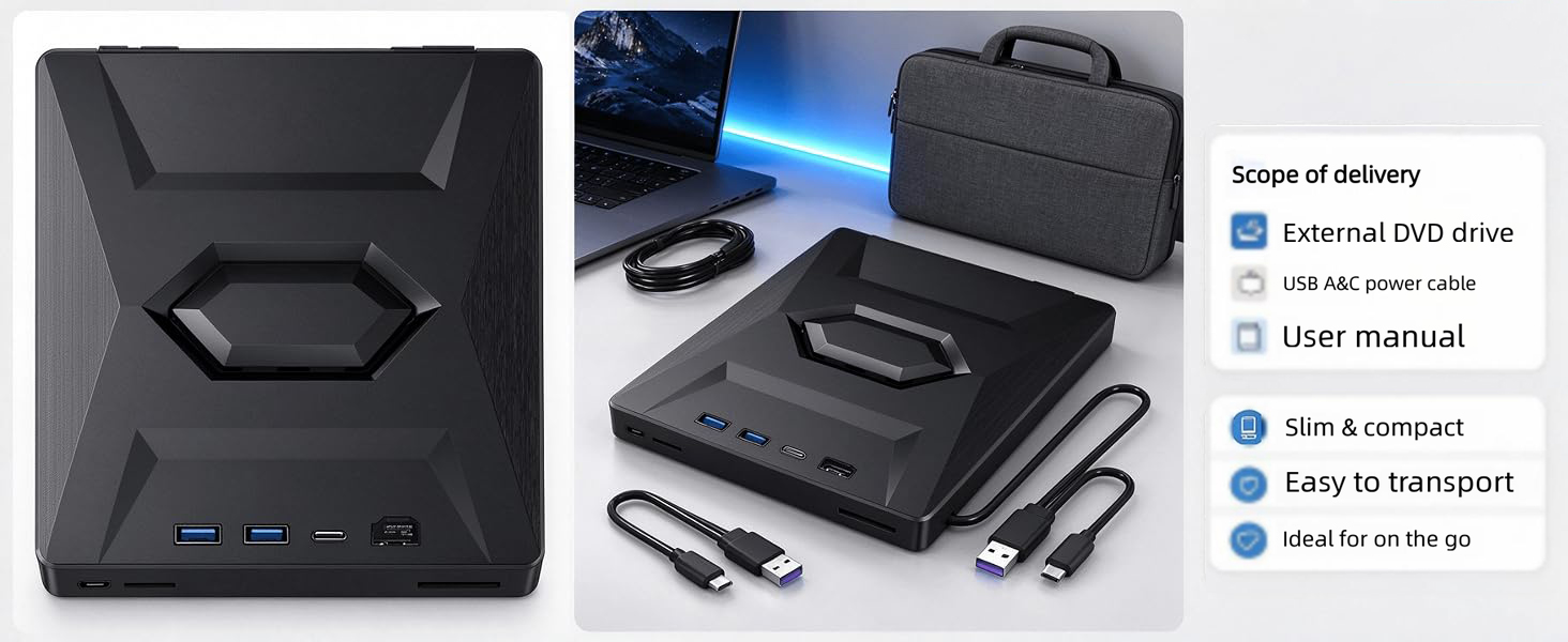 The external optical drive can not only read CDs and DVDs but also be used as an external laptop USB