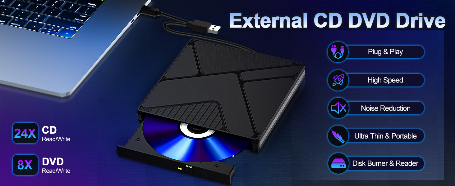External CD DVD Drive for Laptop, USB 3.0 &Type-C Portable Slim CD/DVD +/-RW Burner, DVD/CD ROM Rewr