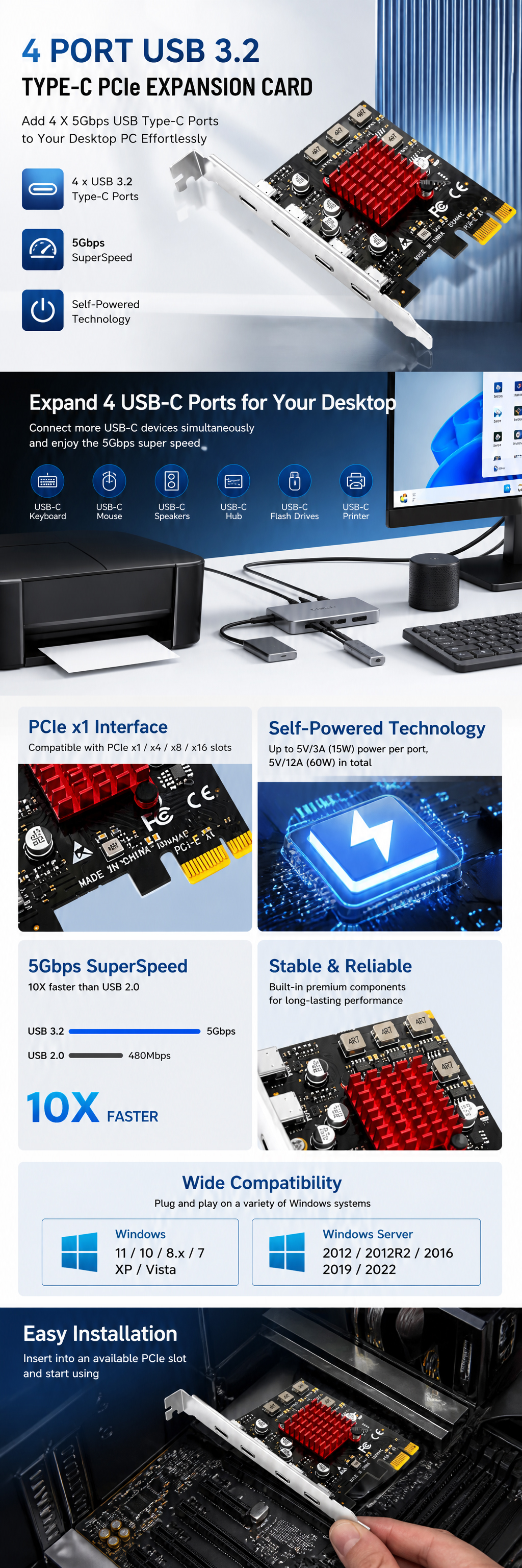 4 port usb  c pcie x1 adapter card