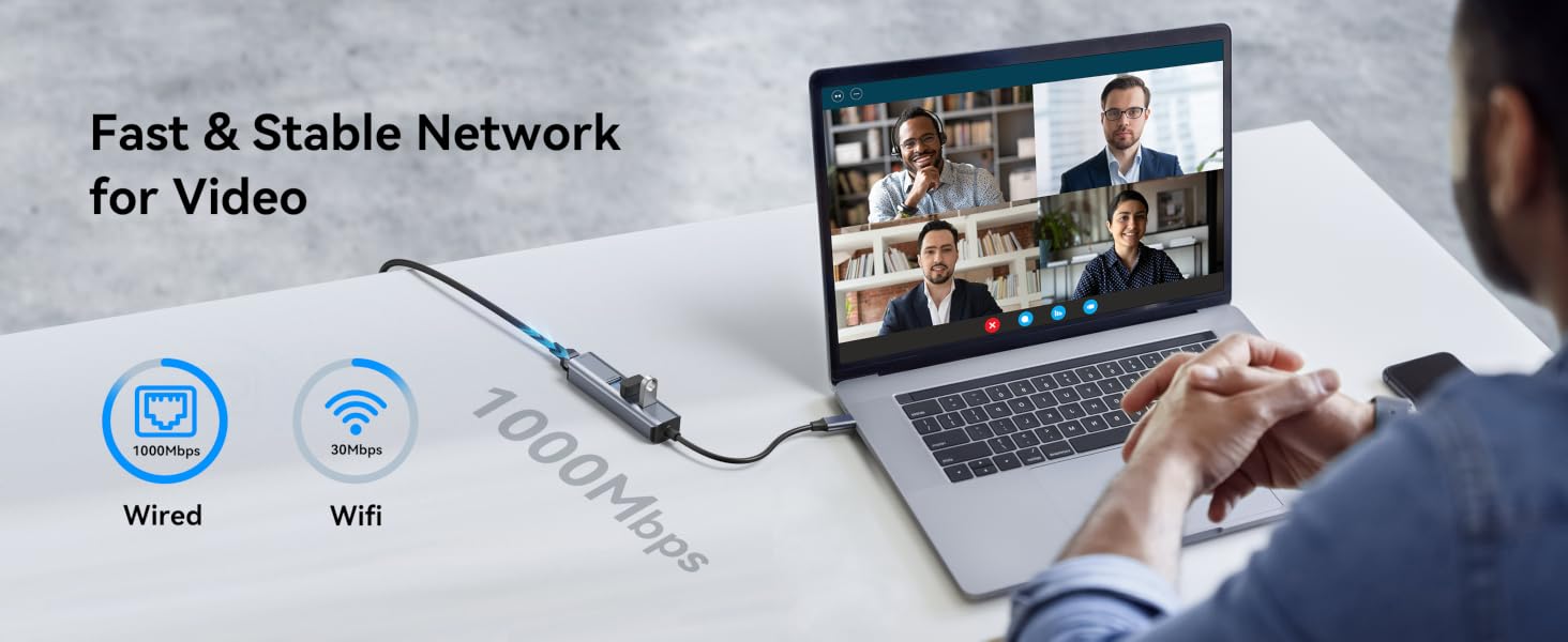 4-in-1 USB C to Gigabit Ethernet Adapter with 3 x USB 3.0 Ports | Plug-and-play RJ45 network USB C H