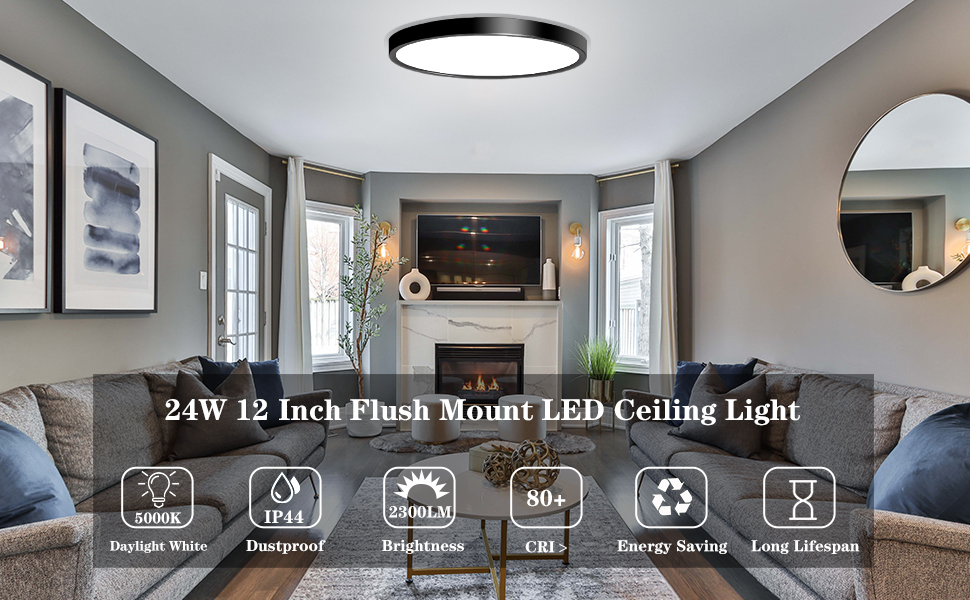 Flush Mount LED Ceiling Light Fixture Black IBESTWIN 24W 12 Inch