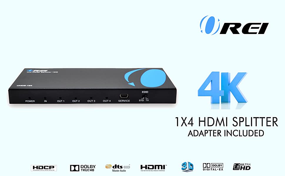 : OREI 4K 1x4 HDMI Splitter Duplicater - with Down