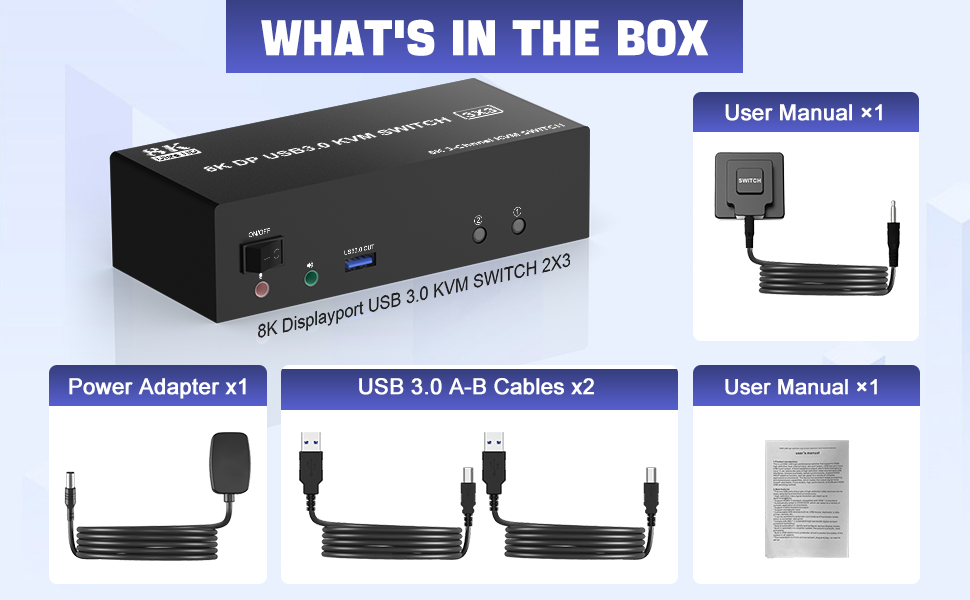 What You Get:  1x USB 3.0 8k@60Hz DisplayPort Triple Monitor KVM Switch, 2x Type-A to Type-B 3.0 Cab