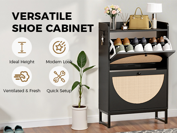 GTRACING Shoe Storage Cabinet, Slim Rattan Shoe Cabinet Storage with Flip Drawers, Shoe Organizers B