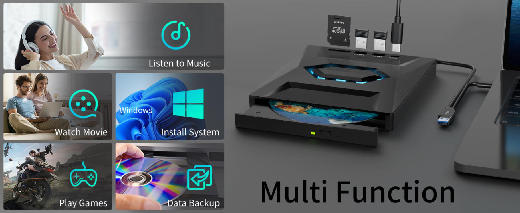 IHDAPP 5-in-1 External CD DVD Drive, USB 3.0 & USB C Portable CD/DVD +/-RW Burner DVD Player