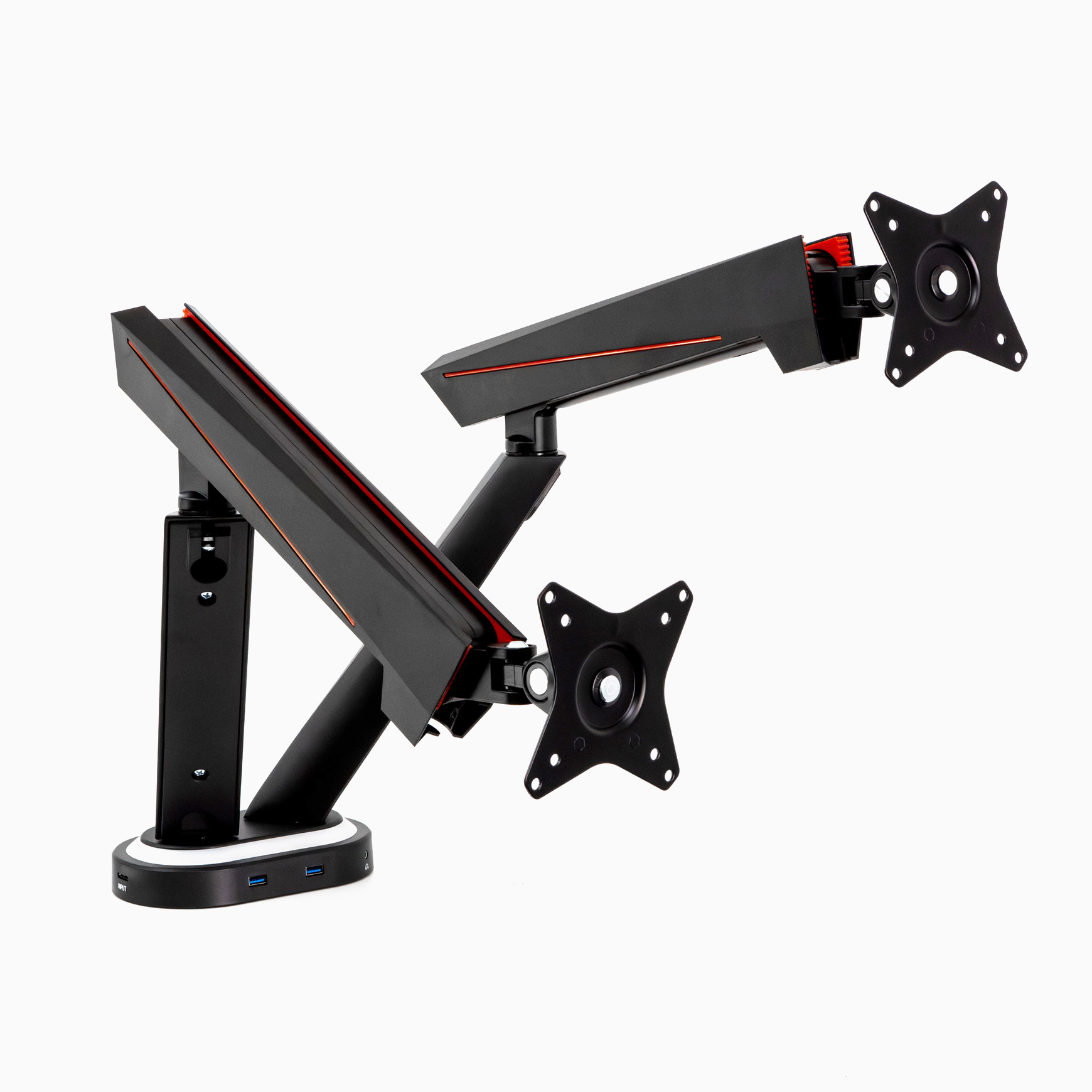 dual LED gaming arm, RGB monitor mount, gas spring desk stand, ergonomic light-up arm