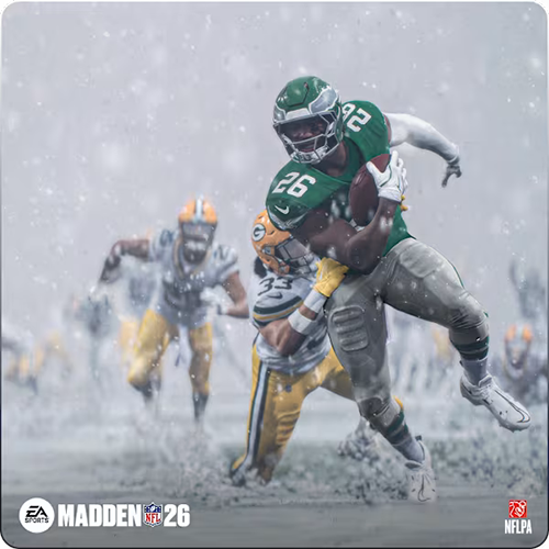 Madden NFL 26 football weather system showing heavy snow and fog affecting visibility and player performance
