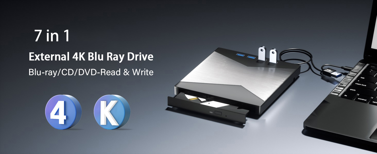 External Blu Ray Drive, 4K Portable Blu Ray Burner USB 3.0 Type-C UHD BD Player with SD/TF Port