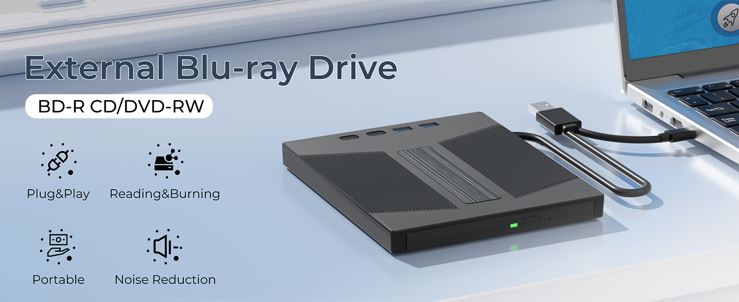 7-in-1 External Blu Ray Drive for Laptop, USB 3.0 & Type-C External CD DVD Drive
