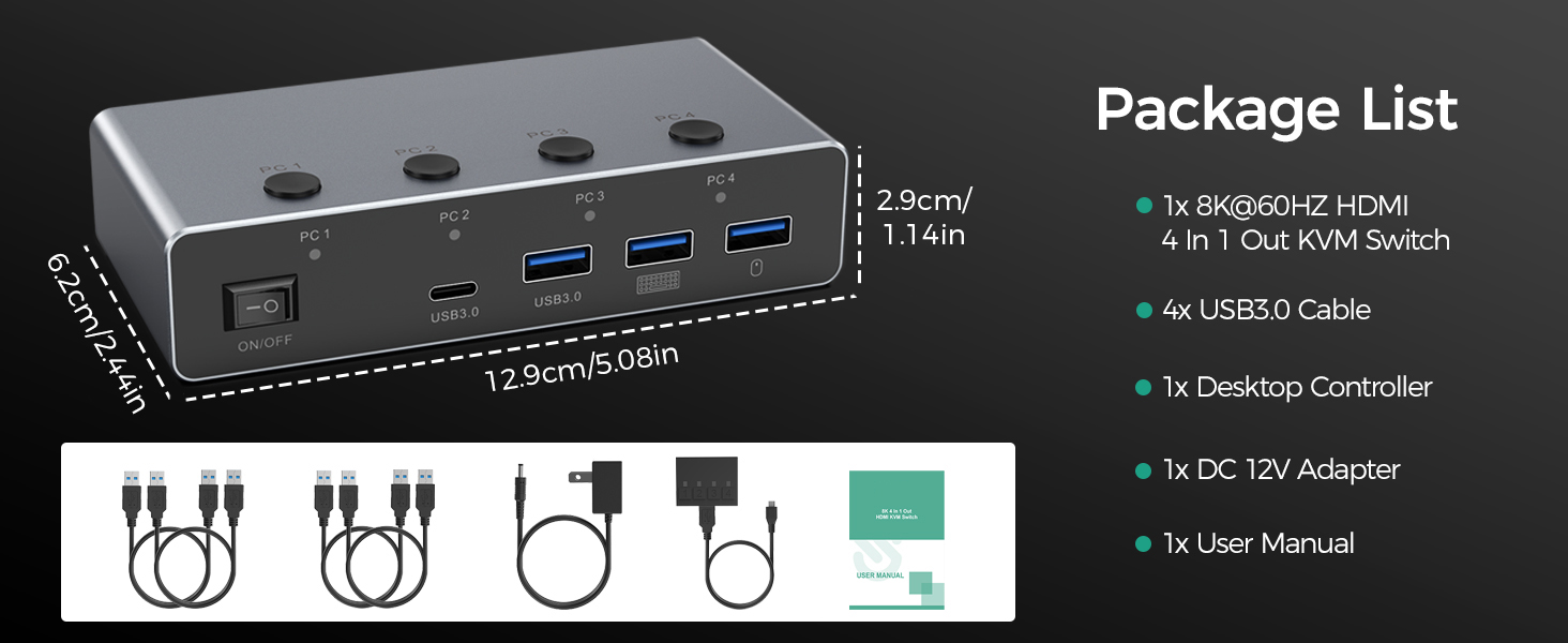 8K@60Hz HDMI KVM Switch 4 Computers 1 Monitor - 4 Ports USB 3.0 (3 USB A+1C) Aluminum KVM Switches